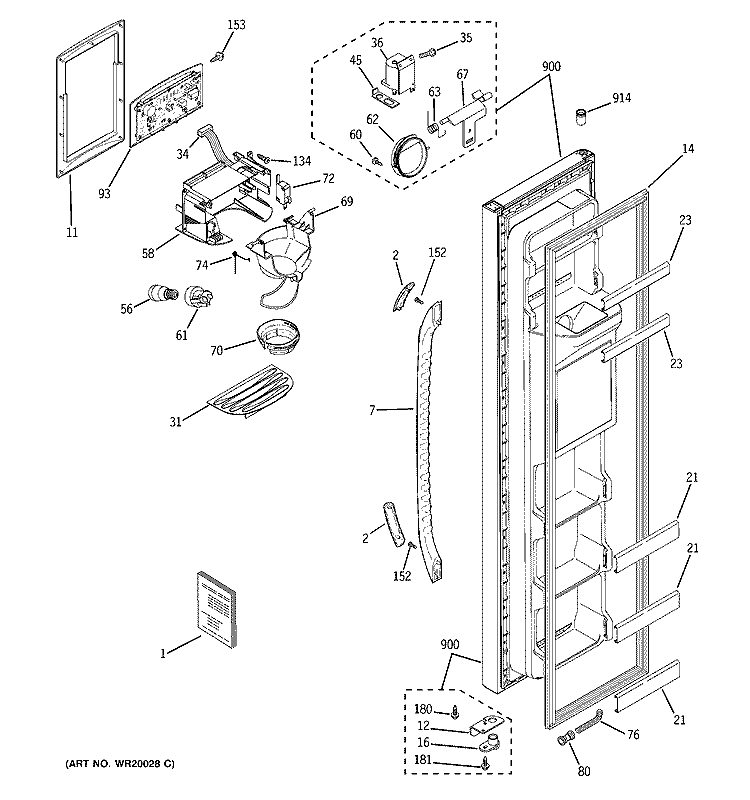 FREEZER DOOR Diagram and Parts List for GSH22JFTACC  General Electric Refrigerator