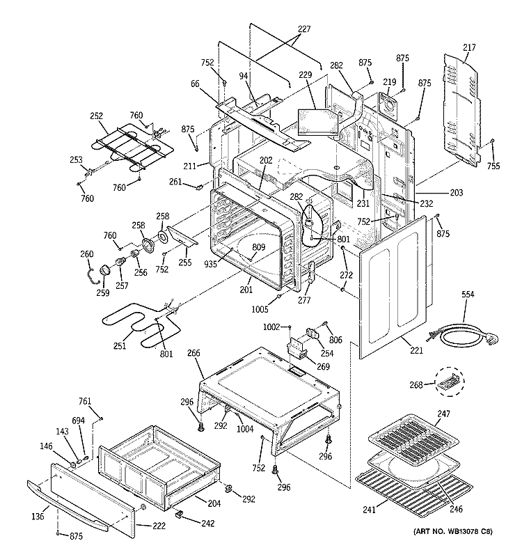 BODY PARTS Diagram and Parts List for JCB800WK3WW  General Electric Range