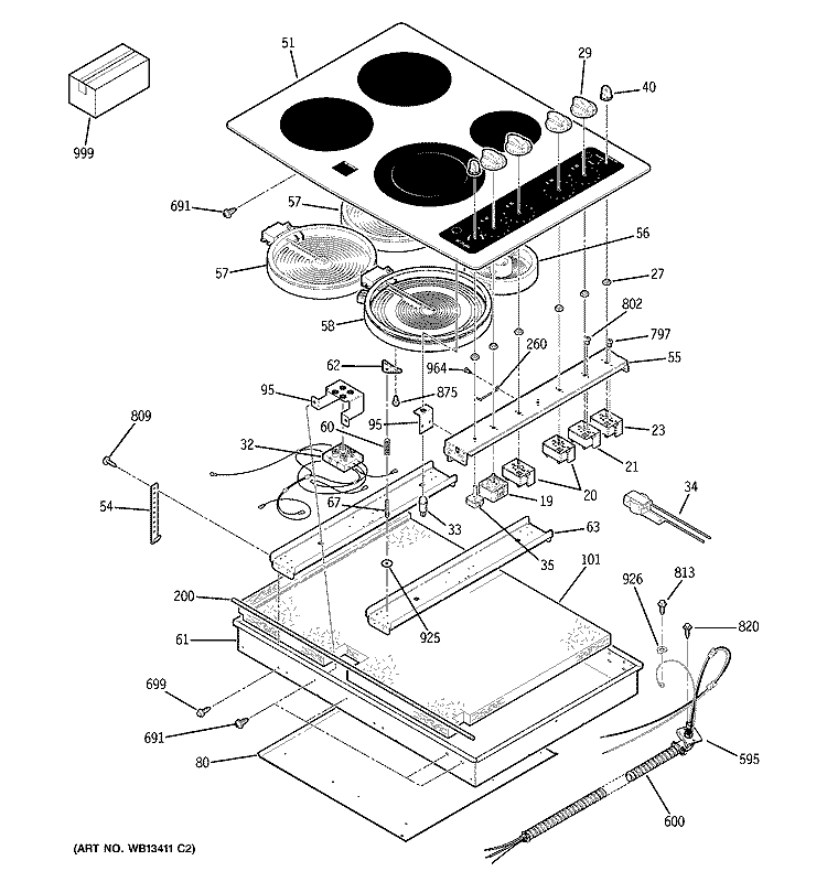 CONTROL PANEL & COOKTOP Diagram and Parts List for JCP910BK3BB  General Electric Cooktop