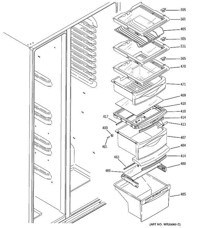 FRESH FOOD SHELVES Diagram and Parts List for LSS25XSTBSS  General Electric Refrigerator