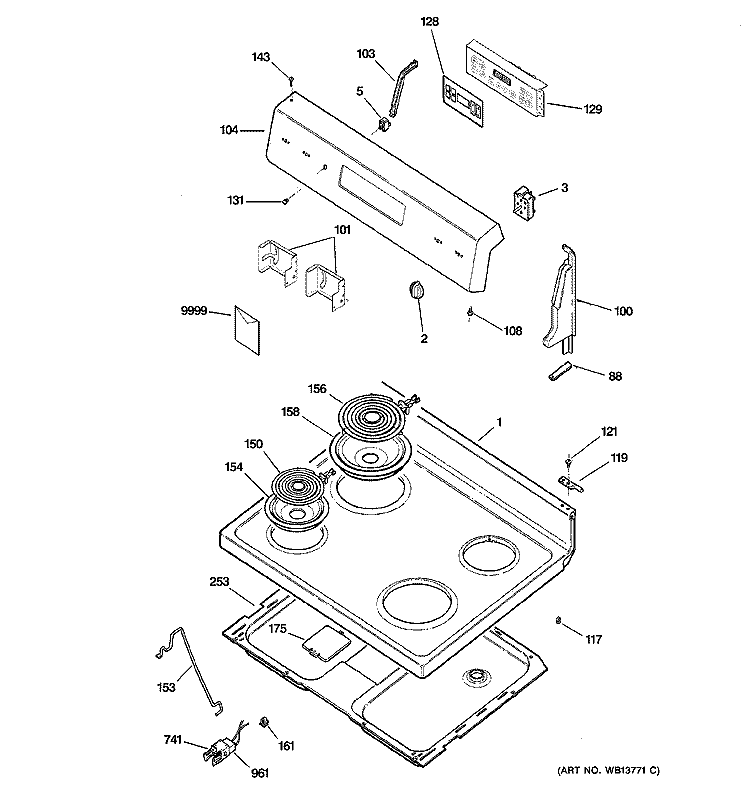 CONTROL PANEL & COOKTOP Diagram and Parts List for JBP22BK1CT  General Electric Range
