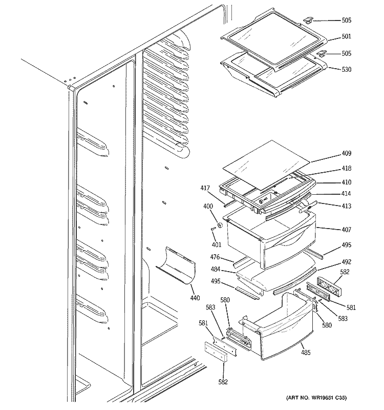 FRESH FOOD SHELVES Diagram and Parts List for PCE23YETAFWW  General Electric Refrigerator