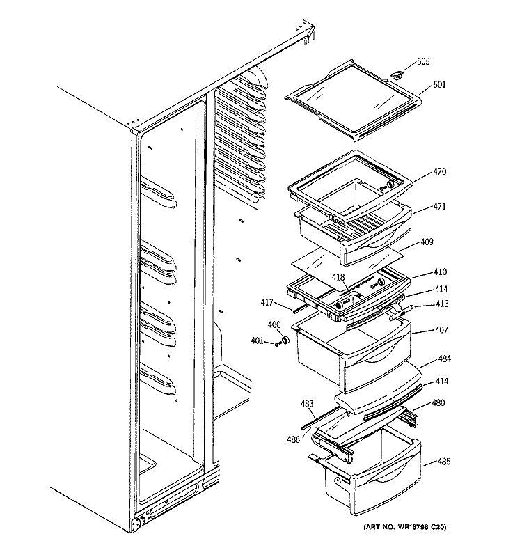 FRESH FOOD SHELVES Diagram and Parts List for DSS25KGTBBB  General Electric Refrigerator