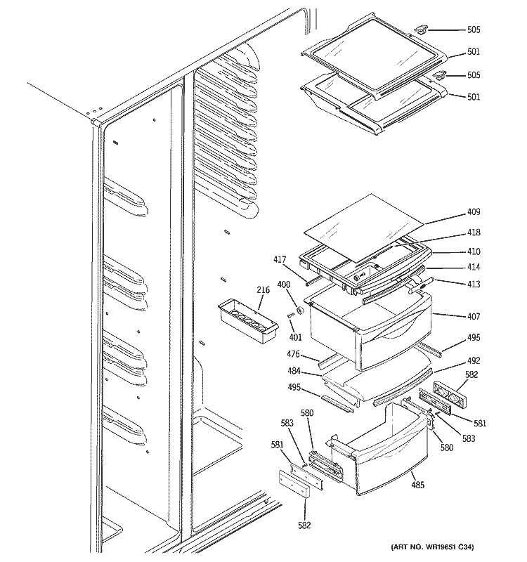 FRESH FOOD SHELVES Diagram and Parts List for GIE21YETAFBB  General Electric Refrigerator