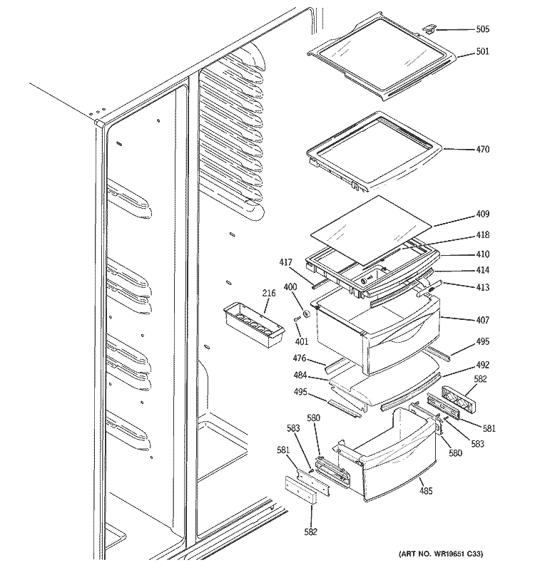 FRESH FOOD SHELVES Diagram and Parts List for GCU23MITAFBB  General Electric Refrigerator