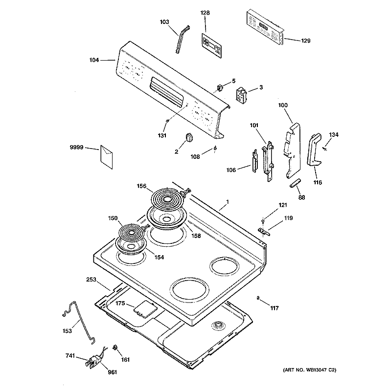 CONTROL PANEL & COOKTOP Diagram and Parts List for RB740BH2WH  Hotpoint Range