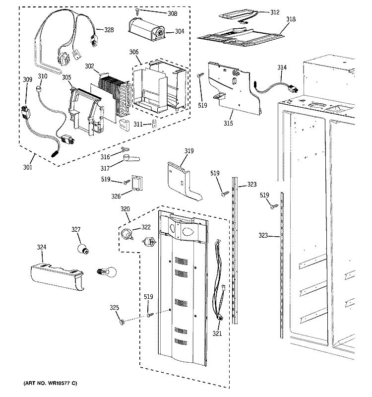 FREEZER SECTION Diagram and Parts List for PSB42LGRBBV  General Electric Refrigerator