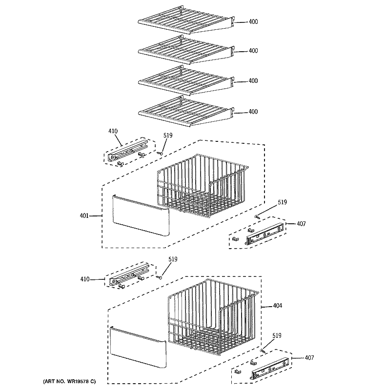FREEZER SHELVES Diagram and Parts List for PSB42LGRBBV  General Electric Refrigerator