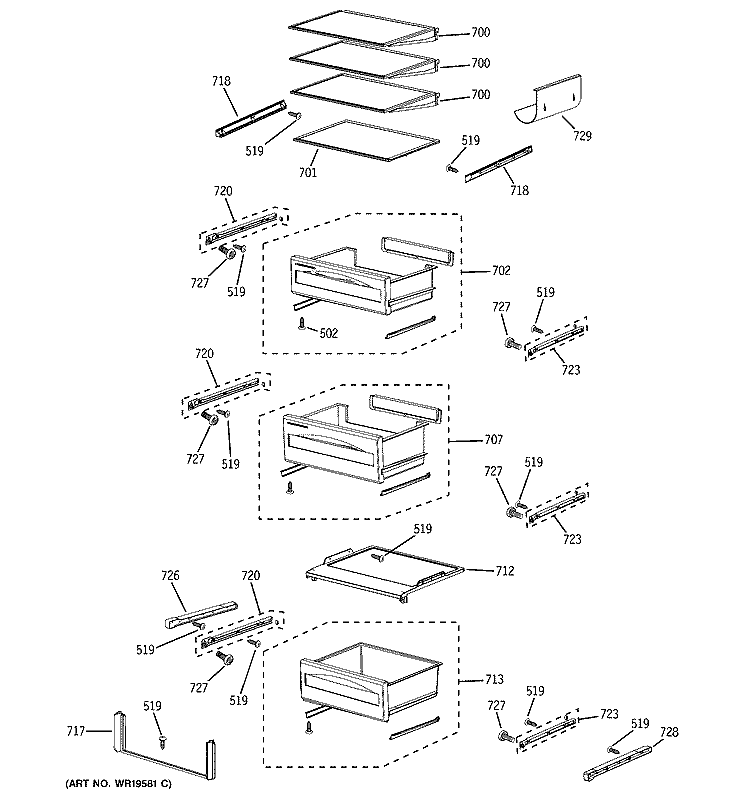 FRESH FOOD SHELVES Diagram and Parts List for PSB42LSRBBV  General Electric Refrigerator