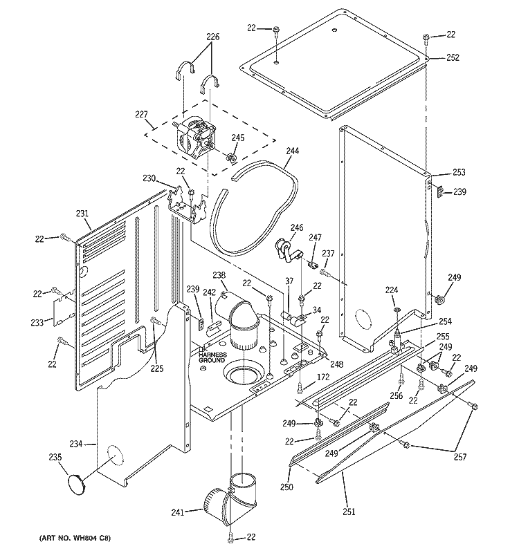 DRYER CABINET & MOTOR Diagram and Parts List for WSM2420D3WW  General Electric Washer Dryer Combo