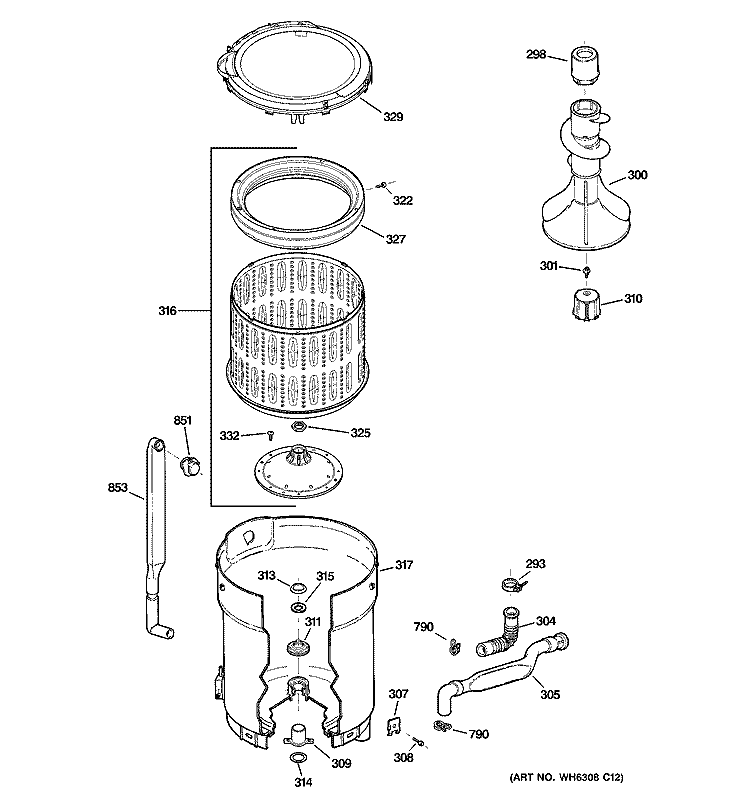 TUB, BASKET & AGITATOR Diagram and Parts List for WTRE6260F2GG  General Electric Washer