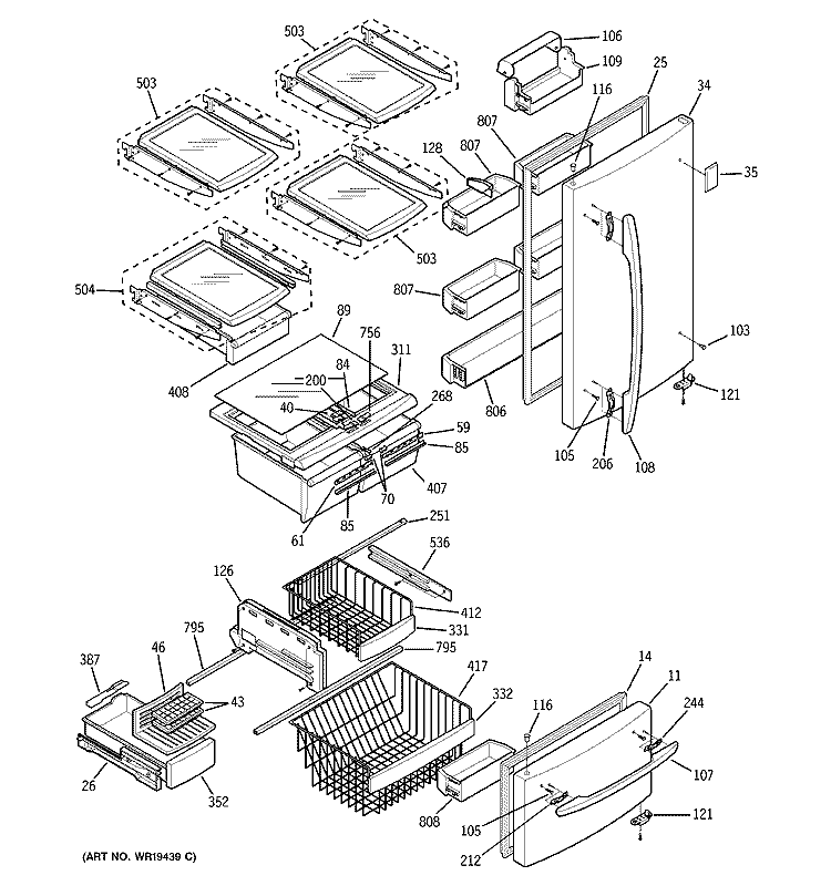 DOORS & SHELVES Diagram and Parts List for GBS20KBPABB  General Electric Refrigerator