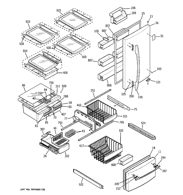 DOORS & SHELVES Diagram and Parts List for GBS20KBRABB  General Electric Refrigerator