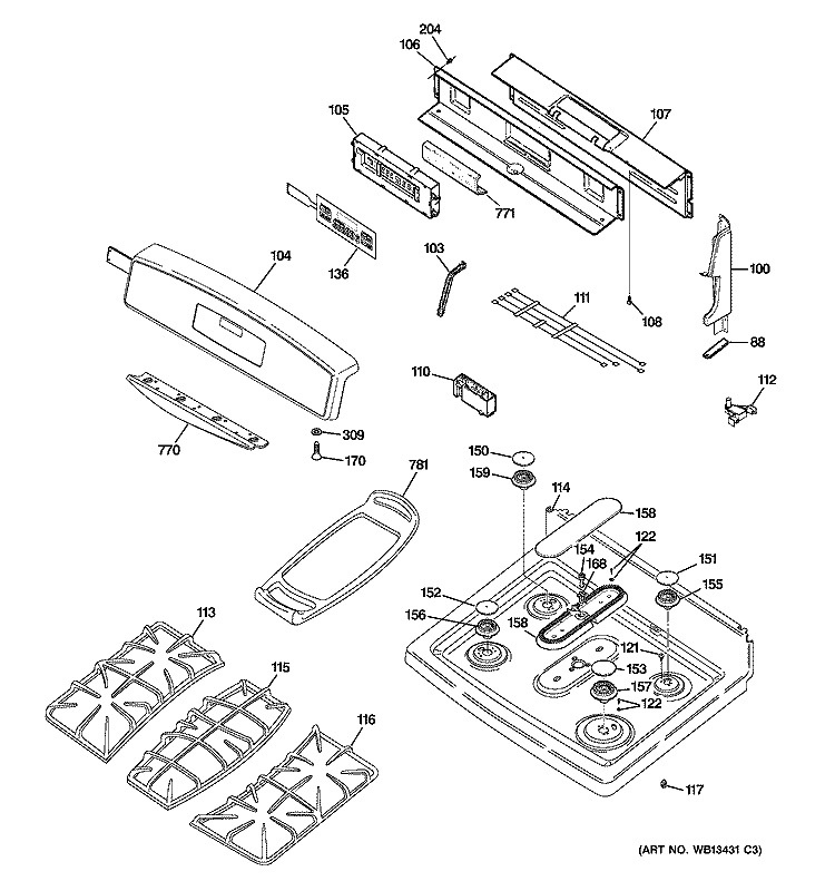 CONTROL PANEL & COOKTOP Diagram and Parts List for JGB908SEK5SS  General Electric Range