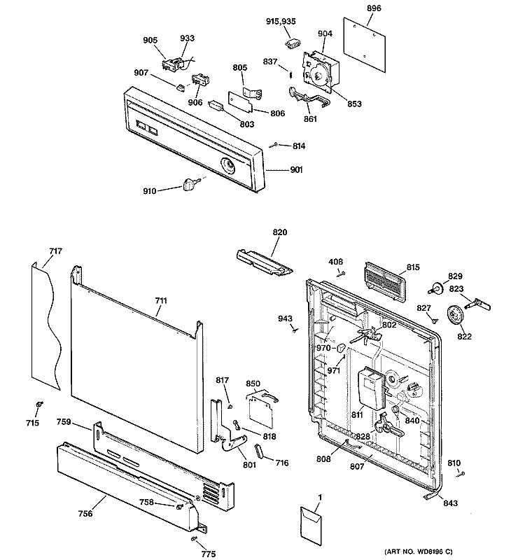 ESCUTCHEON & DOOR ASSEMBLY Diagram and Parts List for GSM2100G05CC  General Electric Dishwasher