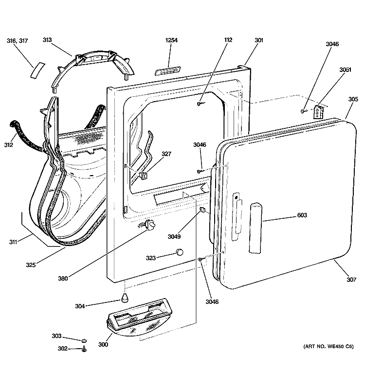 FRONT PANEL & DOOR Diagram and Parts List for DCCB330GD3WC  General Electric Dryer