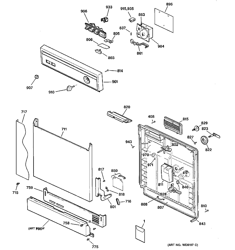 ESCUTCHEON & DOOR ASSEMBLY Diagram and Parts List for GSD2600G05CC  General Electric Dishwasher
