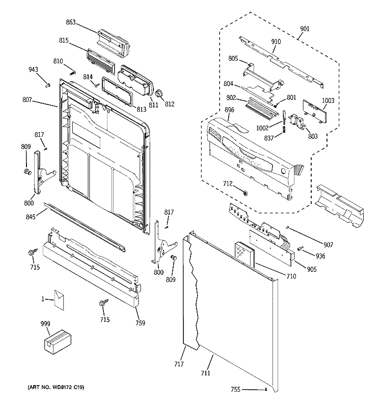 ESCUTCHEON & DOOR ASSEMBLY Diagram and Parts List for GLD4100M15CC  General Electric Dishwasher