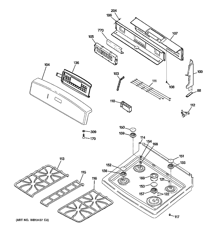 CONTROL PANEL & COOKTOP Diagram and Parts List for JGB900BEK5BB  General Electric Range