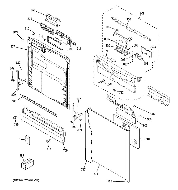 ESCUTCHEON & DOOR ASSEMBLY Diagram and Parts List for GLD5500L15CC  General Electric Dishwasher