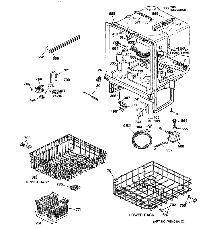 BODY PARTS Diagram and Parts List for GSD3735F01WW  General Electric Dishwasher