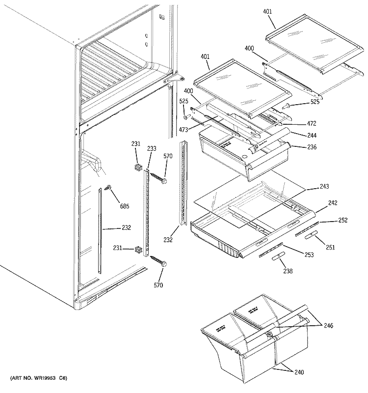 FRESH FOOD SHELVES Diagram and Parts List for GTS18KBPWRCC  General Electric Refrigerator