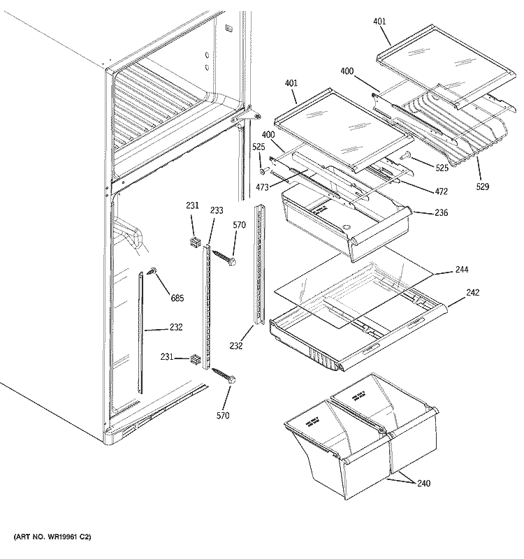 FRESH FOOD SHELVES Diagram and Parts List for GTS18YBRWRWW  General Electric Refrigerator