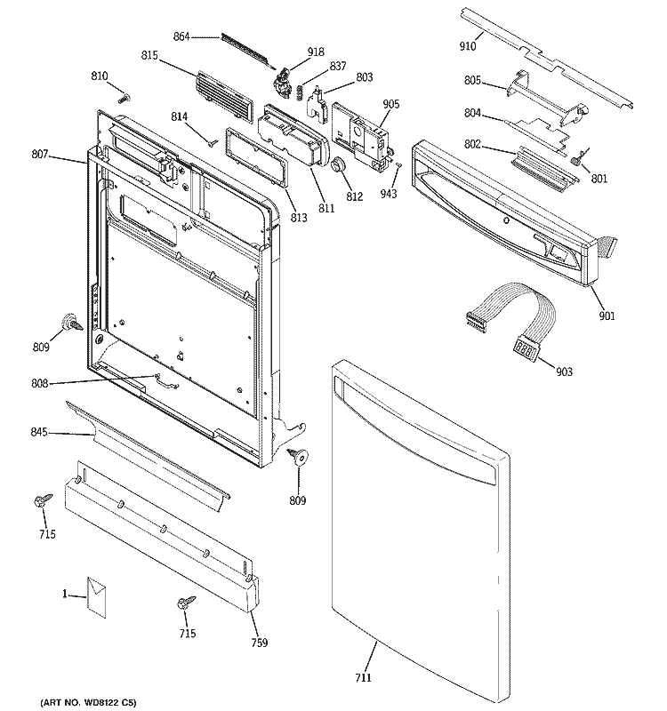 ESCUTCHEON & DOOR ASSEMBLY Diagram and Parts List for PDW7380J03SS  General Electric Dishwasher