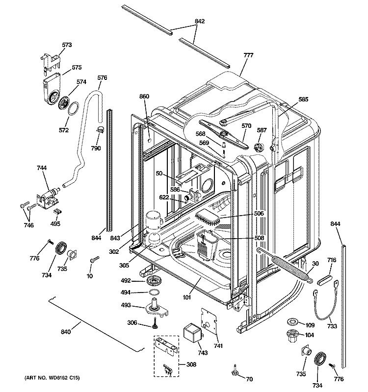 BODY PARTS Diagram and Parts List for PDW8211J01BB  General Electric Dishwasher