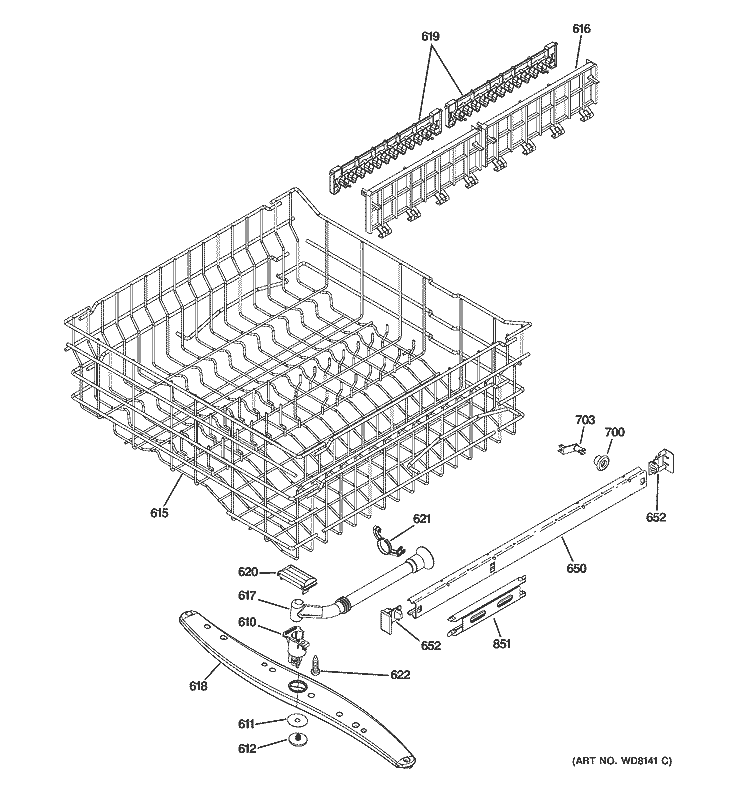 UPPER RACK ASSEMBLY Diagram and Parts List for PDW8510J01WW  General Electric Dishwasher