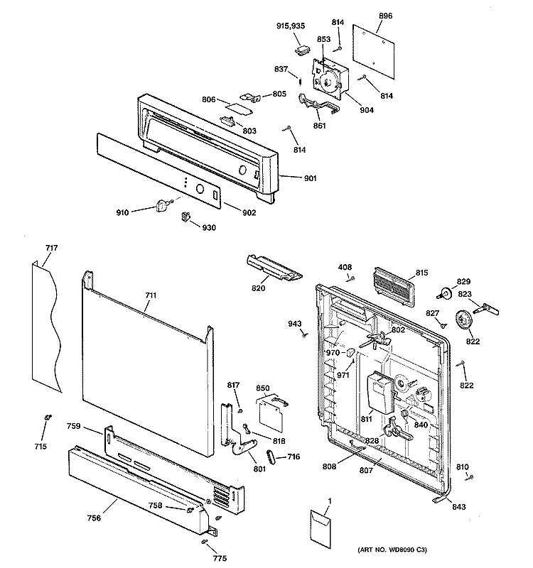 ESCUTCHEON & DOOR ASSEMBLY Diagram and Parts List for GSD2000J01CC  General Electric Dishwasher