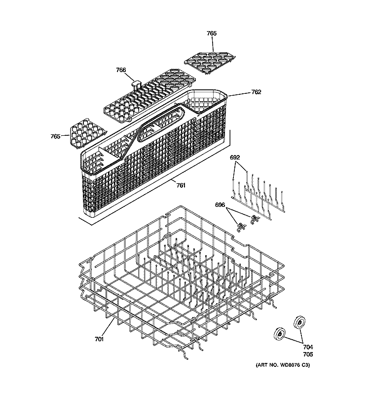 LOWER RACK ASSEMBLY Diagram and Parts List for PDW8200J10CC  General Electric Dishwasher