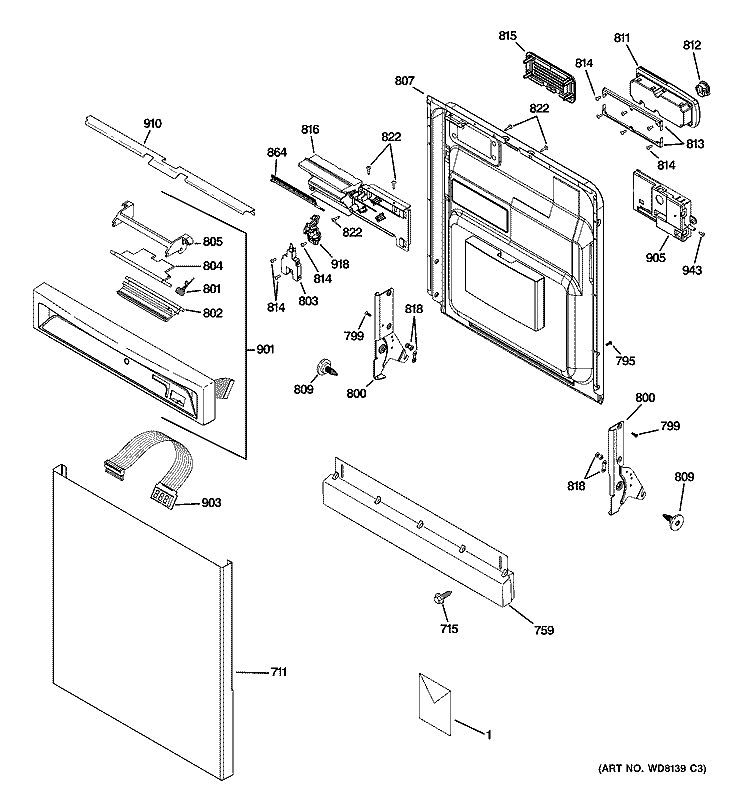 ESCUTCHEON & DOOR ASSEMBLY Diagram and Parts List for PDW8500J10WW  General Electric Dishwasher