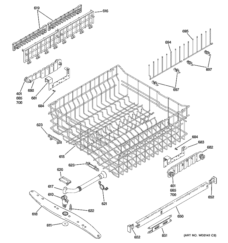 UPPER RACK ASSEMBLY Diagram and Parts List for PDW8500J10WW  General Electric Dishwasher