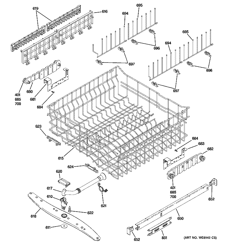 UPPER RACK ASSEMBLY Diagram and Parts List for PDW8612J01WW  General Electric Dishwasher