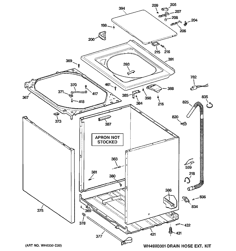 CABINET, COVER & FRONT PANEL Diagram and Parts List for WCSR2090DBWW  General Electric Washer