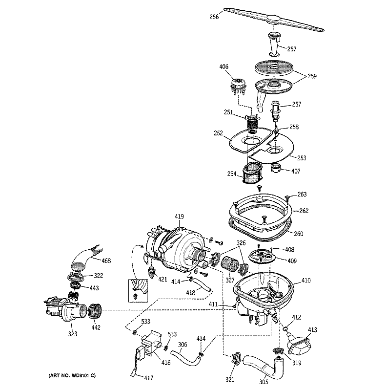SUMP ASSEMBLY Diagram and Parts List for ZBD6500G01SS  General Electric Dishwasher