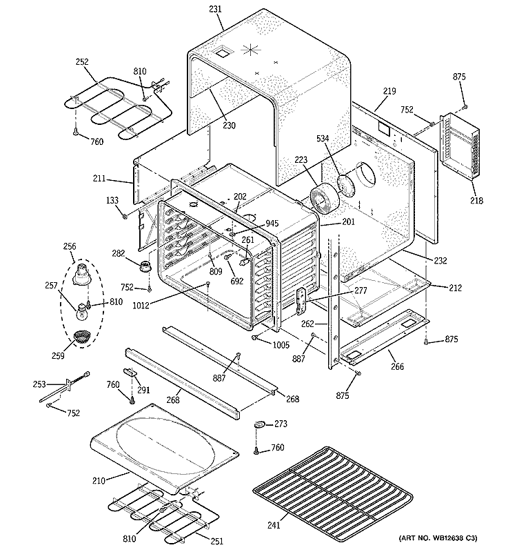 LOWER BODY Diagram and Parts List for JT952BF4BB  General Electric Microwave Oven Combo