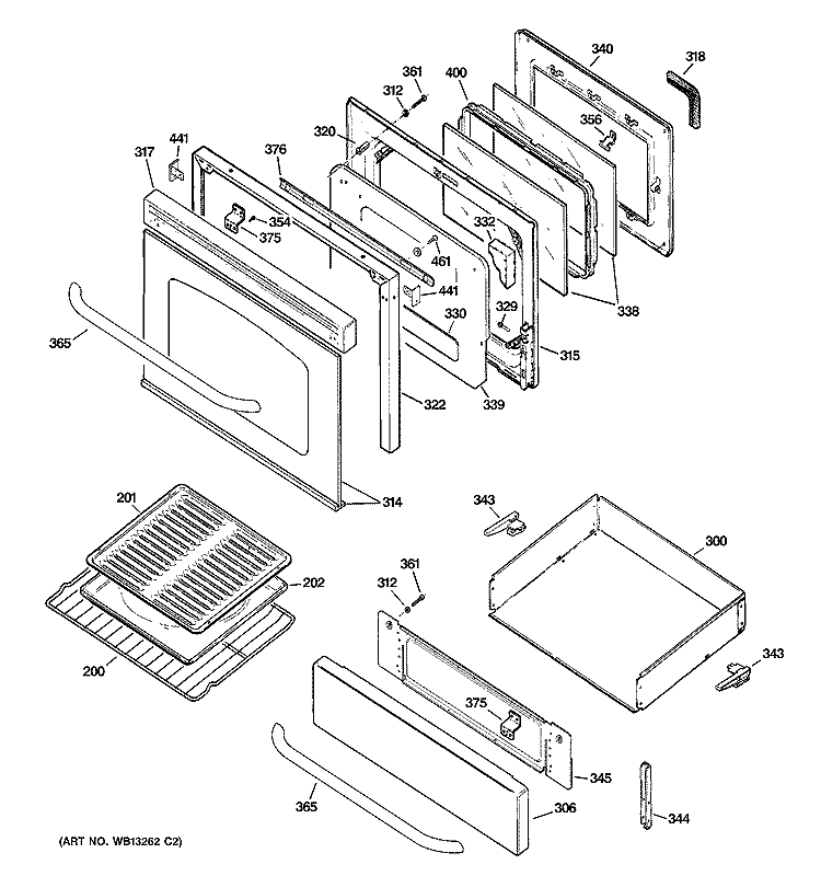 DOOR & DRAWER PARTS Diagram and Parts List for JGBP36SEL1SS  General Electric Range