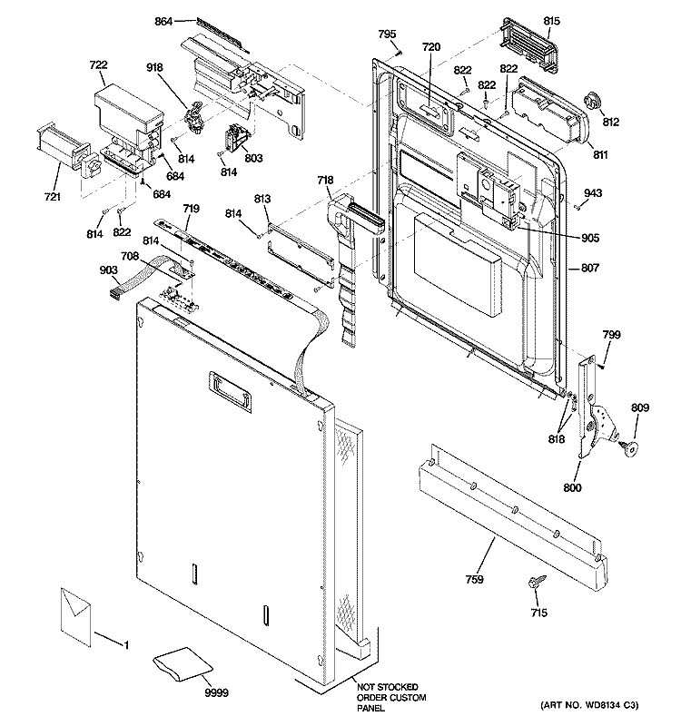 ESCUTCHEON & DOOR ASSEMBLY Diagram and Parts List for ZBD0700K01II  General Electric Dishwasher