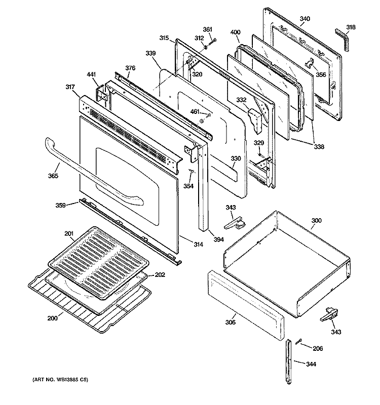DOOR & DRAWER PARTS Diagram and Parts List for JGBP36WEL1WW  General Electric Range