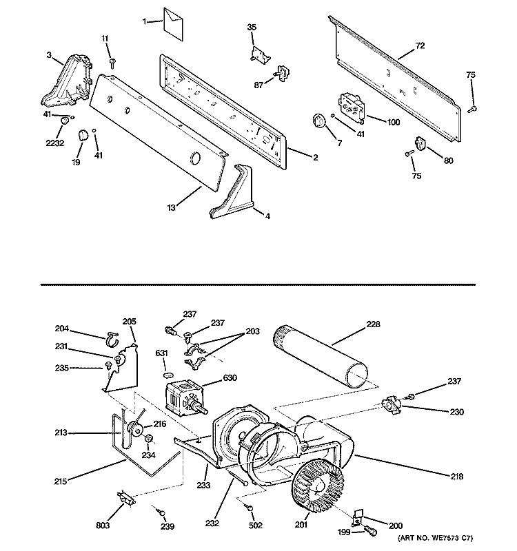 BACKSPLASH, BLOWER & MOTOR ASSEMBLY Diagram and Parts List for DBLR333EE2WW  General Electric Dryer