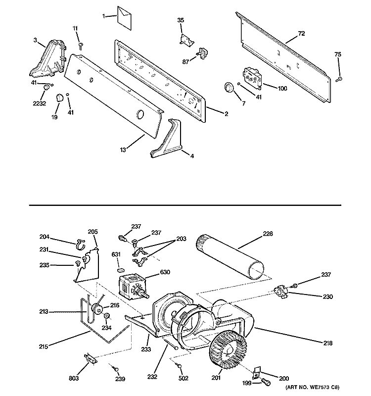 BACKSPLASH, BLOWER & MOTOR ASSEMBLY Diagram and Parts List for DBLR333GE2WW  General Electric Dryer