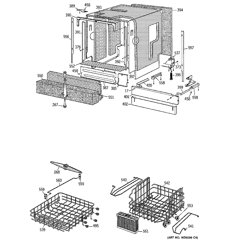 BASKET & WRAP ASSEMBLY Diagram and Parts List for ZBD7105G02SS  General Electric Dishwasher