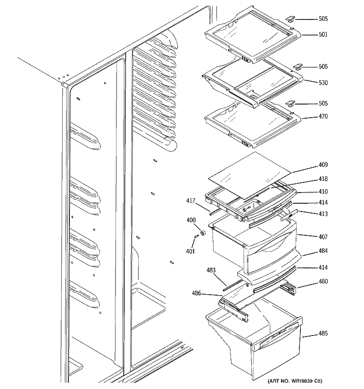 FRESH FOOD SHELVES Diagram and Parts List for LSS25XGTAWW  General Electric Refrigerator