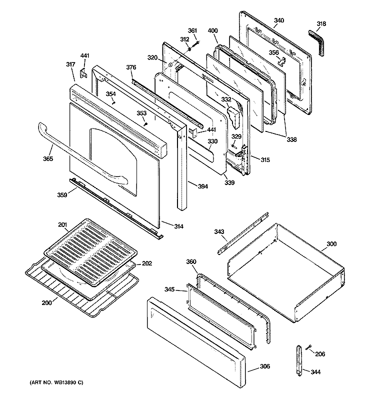DOOR & DRAWER PARTS Diagram and Parts List for J2BP85BEL1BB  General Electric Range