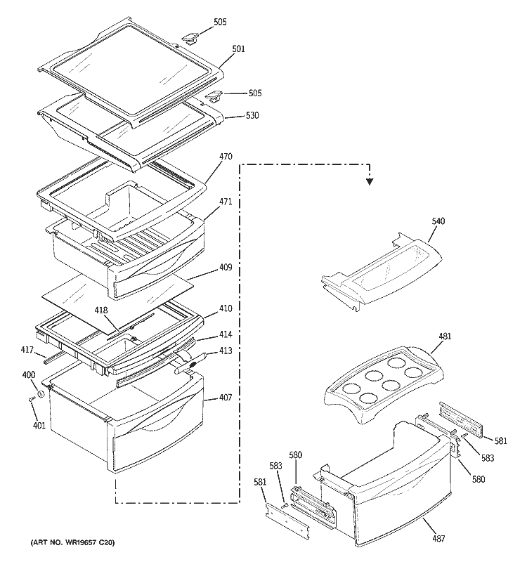 FRESH FOOD SHELVES Diagram and Parts List for PSS23NSTCSS  General Electric Refrigerator
