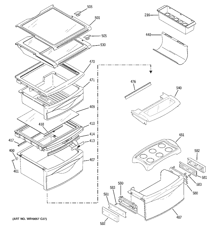 FRESH FOOD SHELVES Diagram and Parts List for PCK23NHSCFWW  General Electric Refrigerator