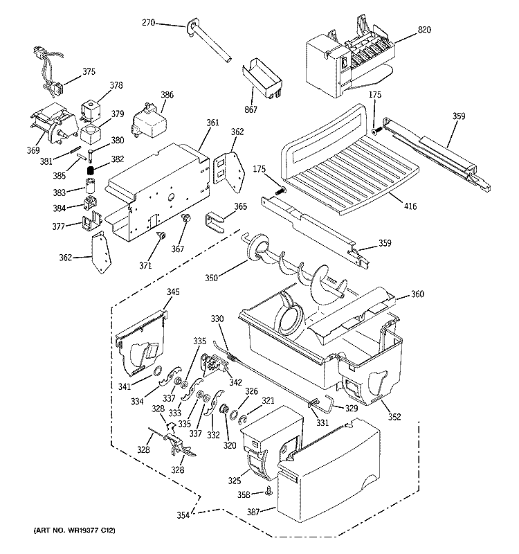 ICE MAKER & DISPENSER Diagram and Parts List for PIE23NGTCFKB  General Electric Refrigerator