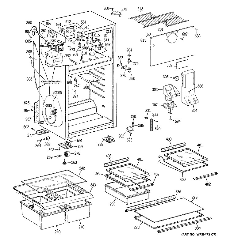 CABINET Diagram and Parts List for GTS18HCRFRWW  General Electric Refrigerator